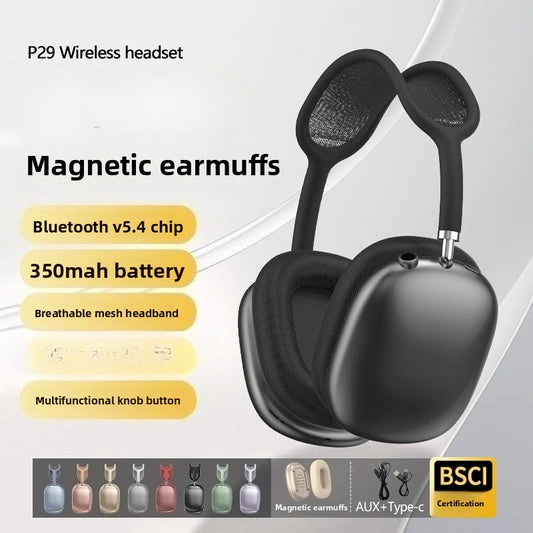 P29MAX Wireless Headset Bluetooth Headset Wired Extra Long Battery Life Type-C Headset, Magnetic Earmuffs Mesh Head Arch Knob Button