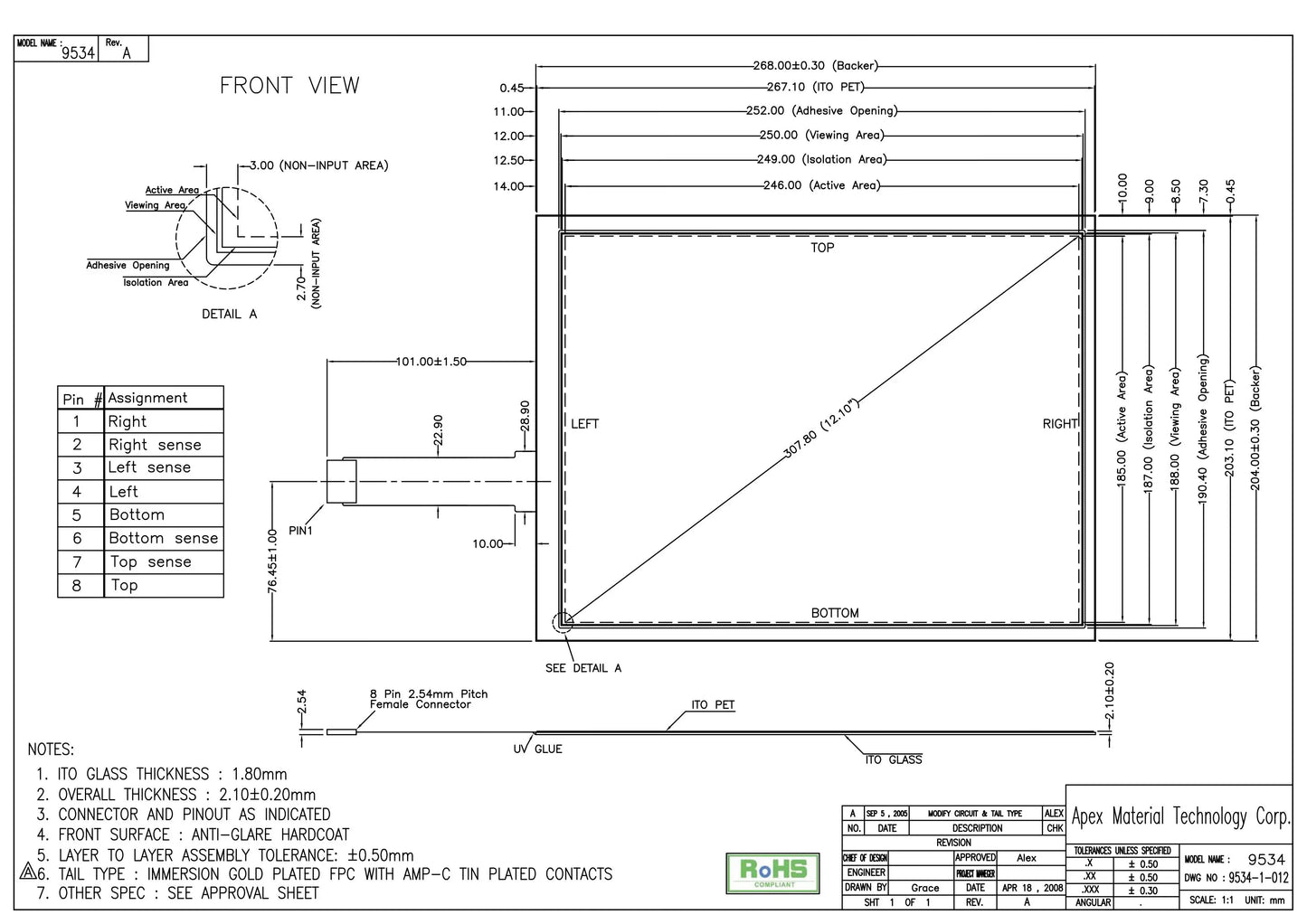 AMT9534 91-09534-00A Industrial touch screen 8-wire resistance 12.1 inch