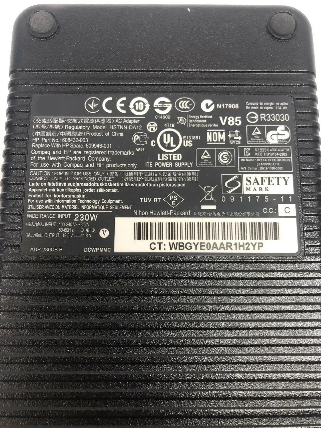 New 230W 19.5V 11.8A AC Adapter fit for HP HSTNN-DA12 609946-001 608432-003