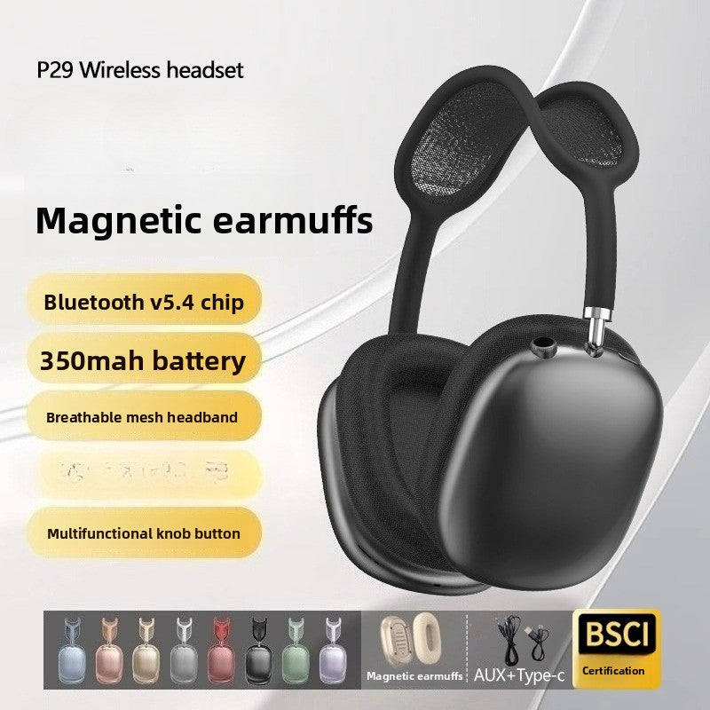 P29MAX Wireless Headset Bluetooth Headset Wired Extra Long Battery Life Type-C Headset, Magnetic Earmuffs Mesh Head Arch Knob Button
