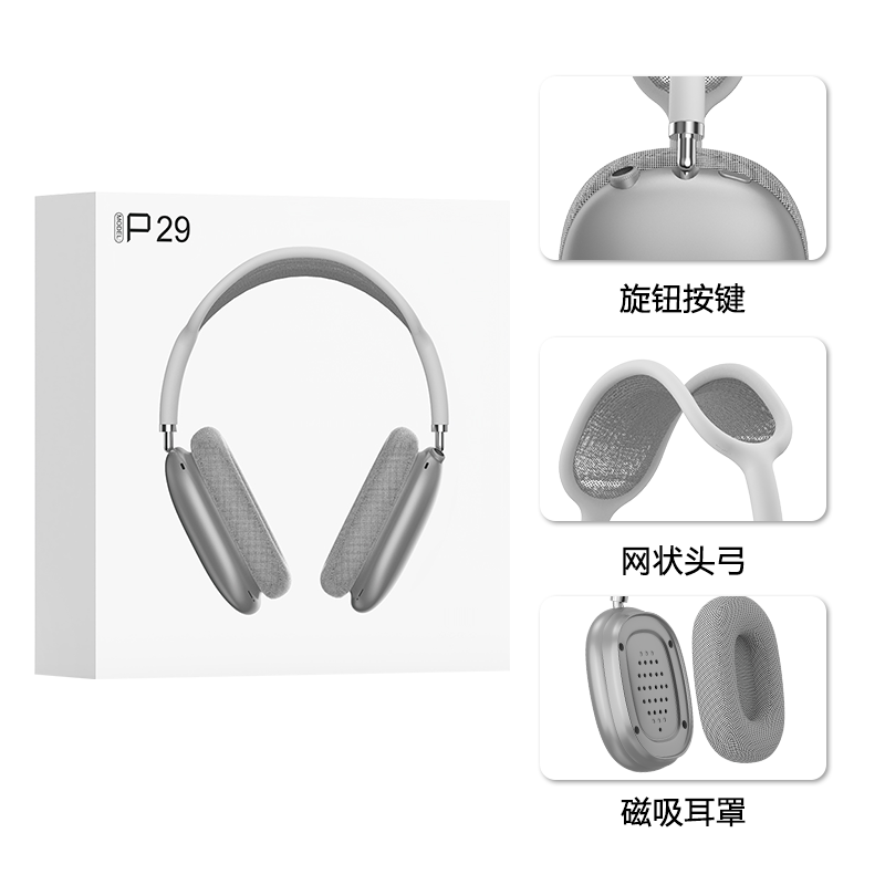 P29MAX Wireless Headset Bluetooth Headset Wired Extra Long Battery Life Type-C Headset, Magnetic Earmuffs Mesh Head Arch Knob Button