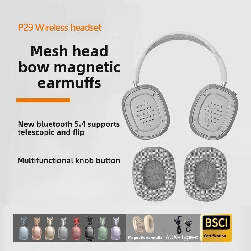 P29MAX Wireless Headset Bluetooth Headset Wired Extra Long Battery Life Type-C Headset, Magnetic Earmuffs Mesh Head Arch Knob Button