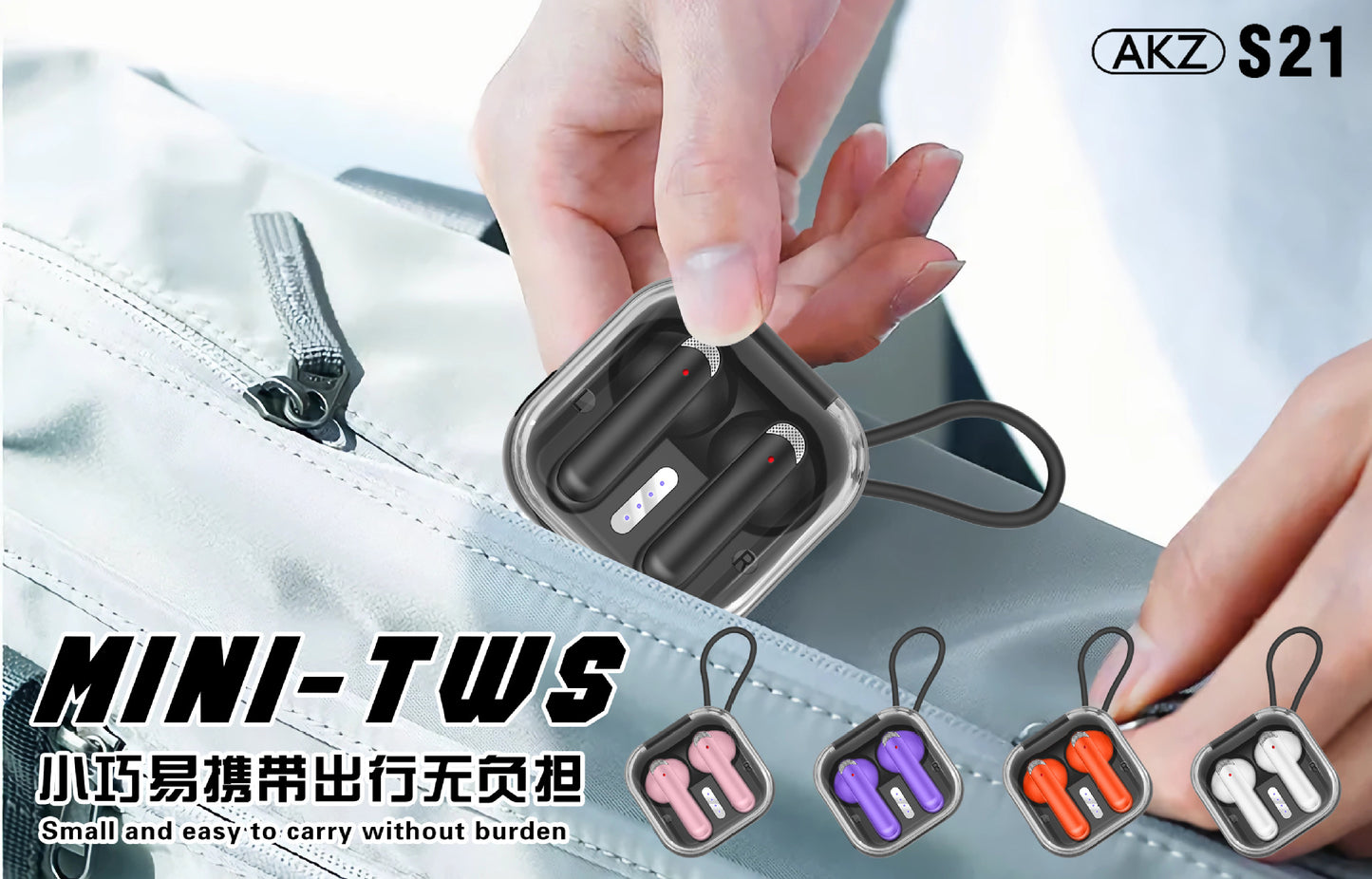 AKZ-S21 Sports Earphones Mini Transparent Shell Bluetooth Earphones TWS Lightweight Running Type-c Charging Port