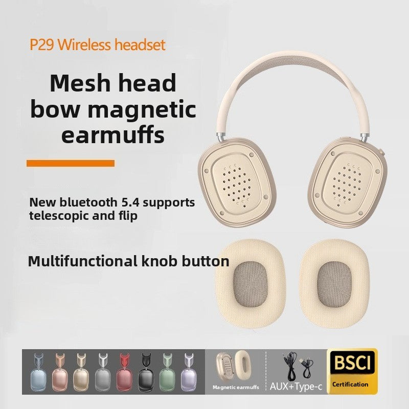 P29MAX Wireless Headset Bluetooth Headset Wired Extra Long Battery Life Type-C Headset, Magnetic Earmuffs Mesh Head Arch Knob Button