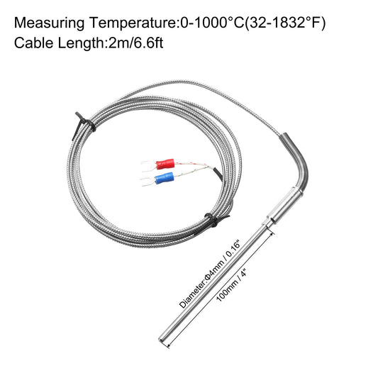 K Type Thermocouple Temperature Sensor Probe 4x100mm 6.6ft Wire