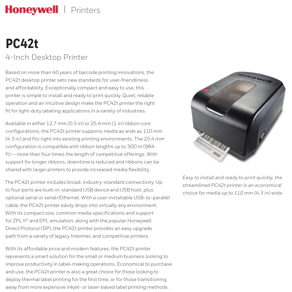 Honeywell barcode printer PC42T Desktop Direct Thermal/Thermal Transfer Label Printer, 4"/s Print Speed, 203 dpi Print Resolutio