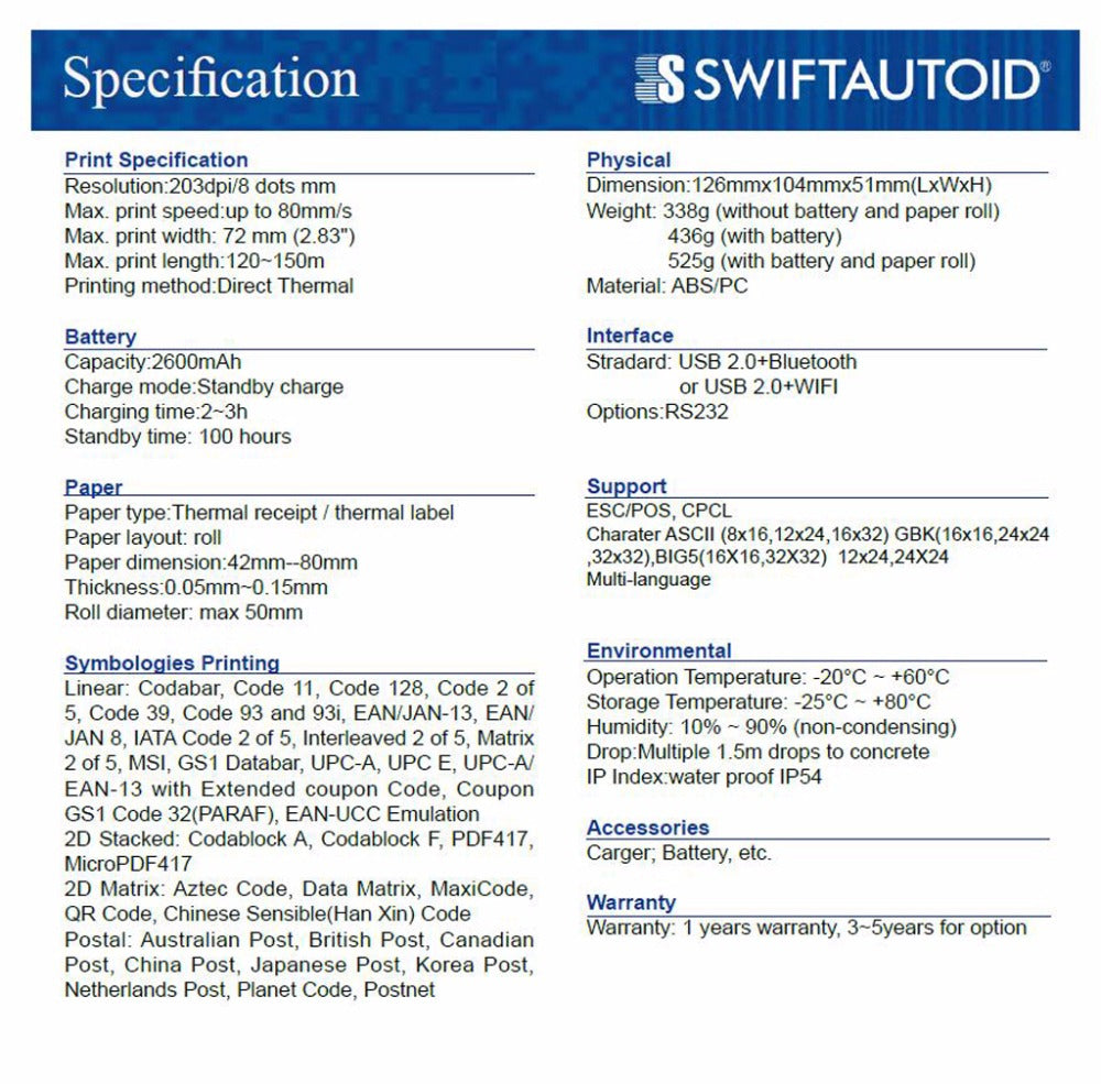 Swiftautoid SA TP540 4inch Direct Thermal Economical and Lightweight Mobile Printer Support Bluetooth Version Connection