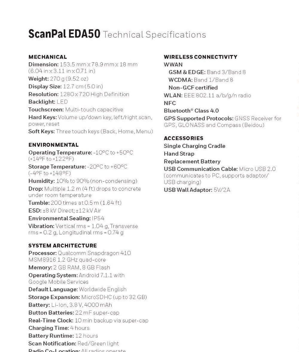 Honeywell Scanpal EDA50 Mobile Computer, Android 4.4.4, 802.11 A/B/G/N, 2D Imager, 1.2 Ghz Quad-Core, 2Gb Ram, 8Gb Flash, 5Mp