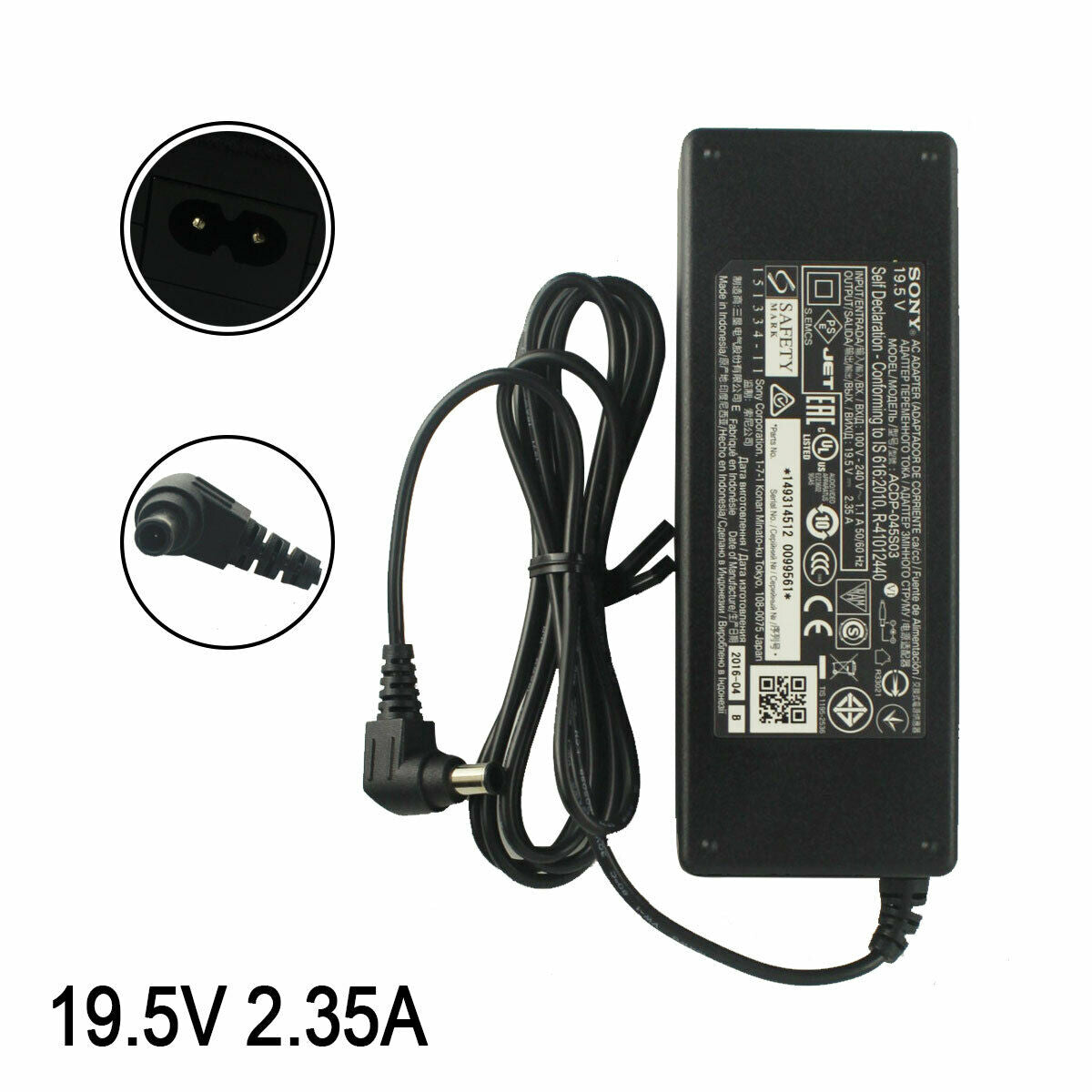 New 19.5V 2.35A AC Adapter For Sony ACDP-045S02 ACDP-045S03 Power Supply & Cable